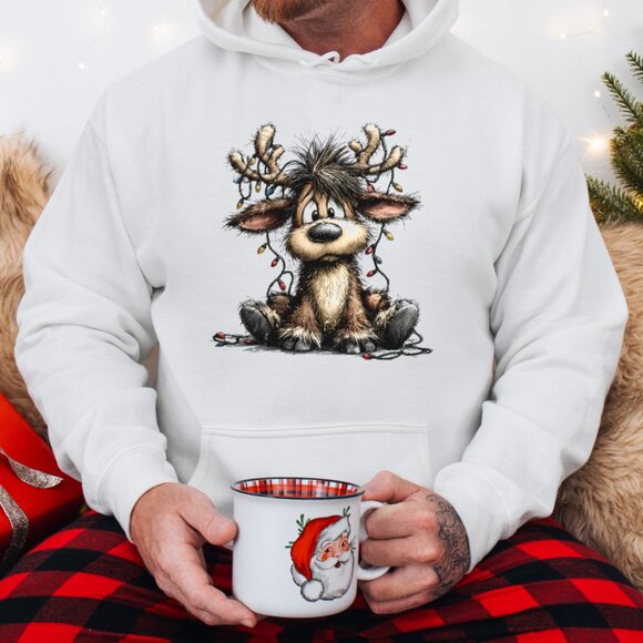 Reindeer Lights Hoodie Funny Holiday Animal Art Festive Winter Sweatshirt White - Picture 4 of 4